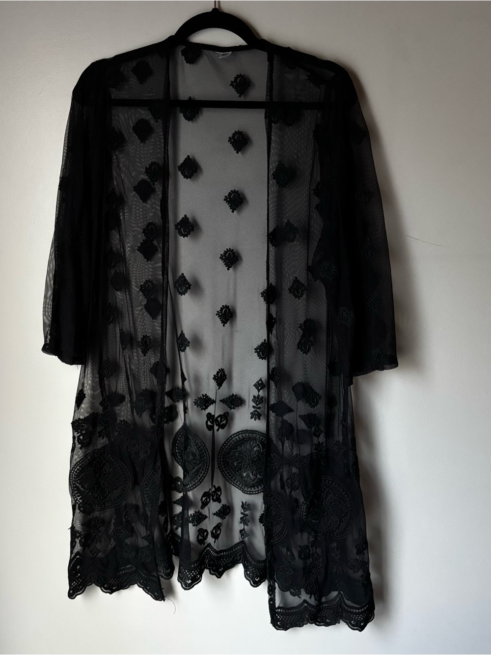 Elegant Black Sheer Embroidered Kimono Robe